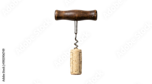 Wine corkscrew opener with wooden handle and metal spiral removing cork on transparent background