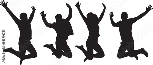 Four silhouettes celebrating with arms raised in mid-air joyfully. silhouette vector icon