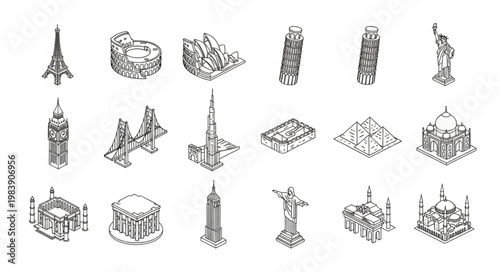 Collection of Famous World Landmarks Hand Drawn Sketch Style.