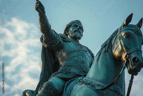 bronze equestrian statue of armored leader on horse with raised arm and flowing cape against a dramatic cloudy blue sky, conveying triumph and authority