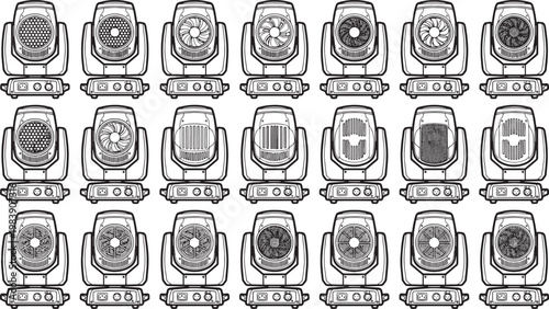Array of diverse stage lights arranged in a grid, ideal for illustrating theatrical or entertainment-related concepts. A graphic showcasing various designs, patterns, and light beam configurations. 