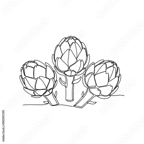 continuous line drawing of three artichokes on a white background