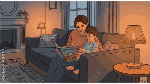Cozy Family Reading Time: Mother and Child Storybook Evening