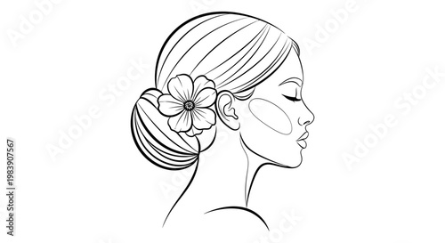 minimal line art woman profile with eyes closed and flower in hair evoking peaceful femininity and self-care