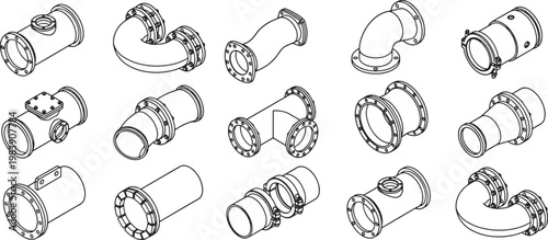 A set of industrial piping components, each a vital element in complex systems, stands out in a technical illustration. Capturing functionality and engineering design.