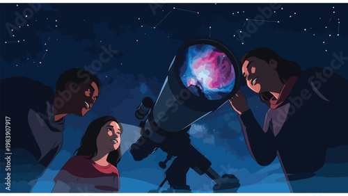 Family Stargazing with Telescope, Discovering Nebula in Night Sky