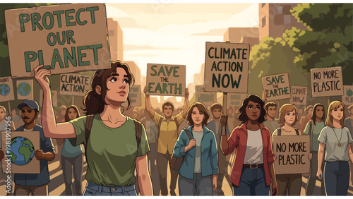 Climate Action Protest Signs, Environmental Activism, Save Earth March Crowd