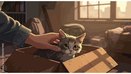 Kitten in Cardboard Box, Pet Adoption, Animal Rescue, New Home, Cute Cat