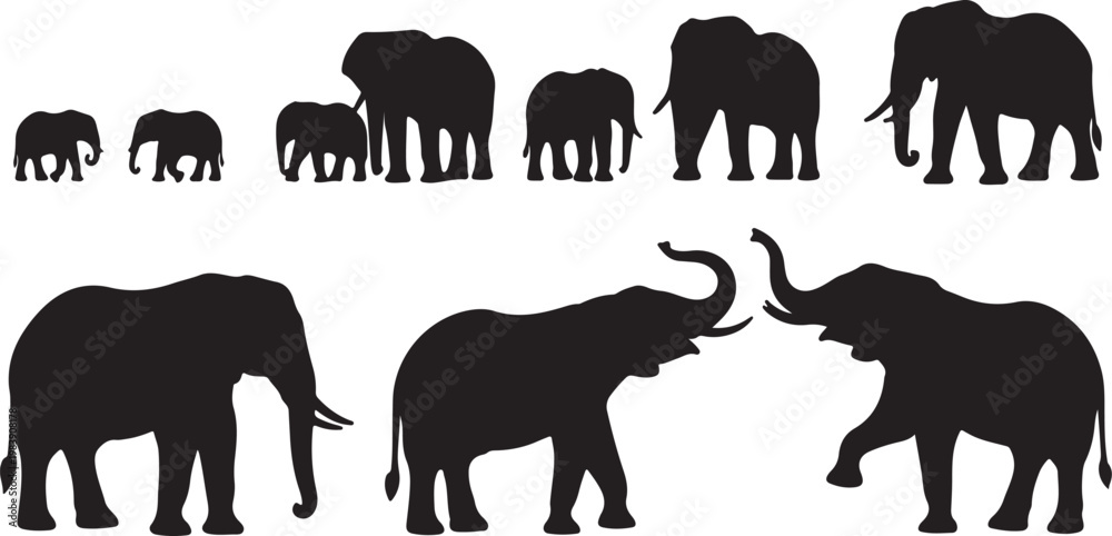 Obraz premium Elephants in various sizes and social interactions depicted in silhouette silhouette vector icon