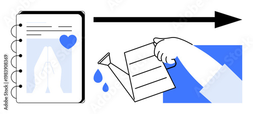 Business development, nurturing ideas, growth strategies, planning, teamwork, creativity. Hand watering a document with a blue heart symbol. Business development and nurturing ideas concept