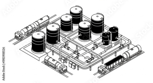 Industrial refinery plant storage tanks and pipelines illustration.