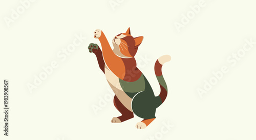 A colorful cat scratches a logo in a playful pose on a flat design background.