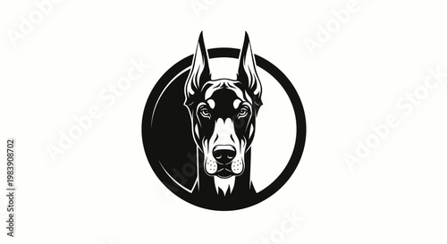 A circular logo featuring a flat vector illustration of a Doberman's head upscaled.