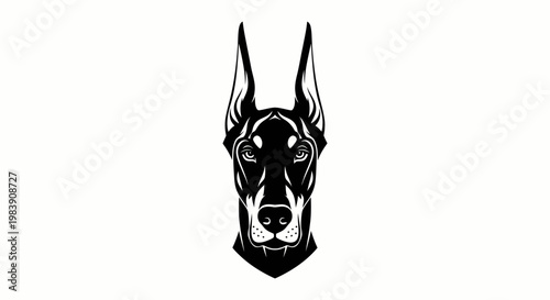 A black and white illustration of a Doberman's portrait in a flat logo design.