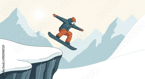 A snowboarder in winter gear jumping off a snowy cliff with mountains in the background, illustrating an extreme winter sport.