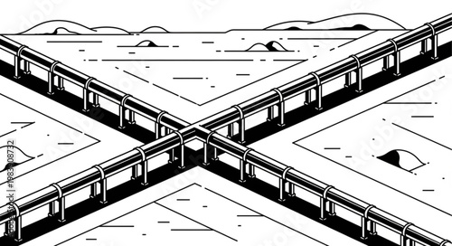 Intersecting elevated railway bridges forming a crossing structure.
