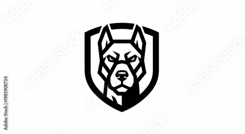 A black and white illustration of a dog's head in a crest logo flat design.