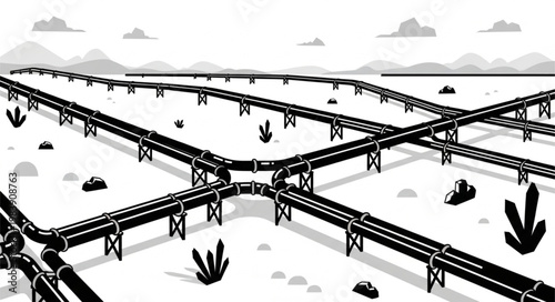 Intersecting industrial pipelines crossing in arid landscape.