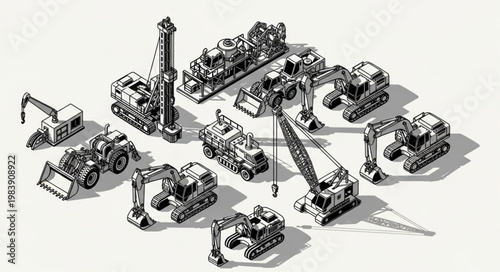 Isometric Illustration of Construction Machinery Fleet and Heavy Equipment.