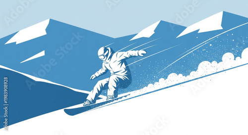 An illustration of a person snowboarding down a snowy mountain slope with blue peaks in the background, depicting winter sports action.