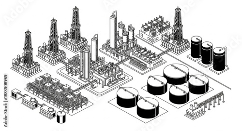 Aerial industrial oil refinery complex with large storage tanks.