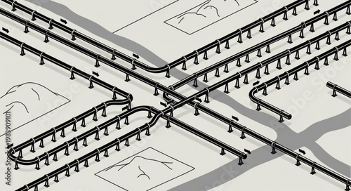 Aerial view of complex highway interchange with multiple ramps.