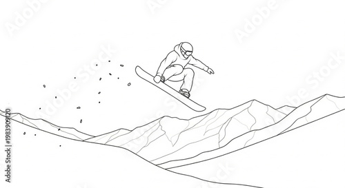 Line art illustration of a snowboarder performing a jump over a snowy mountain range, capturing dynamic winter sports action.