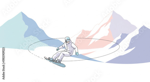 A snowboarder carves a turn on a snowy mountain slope with stylized peaks in the background.