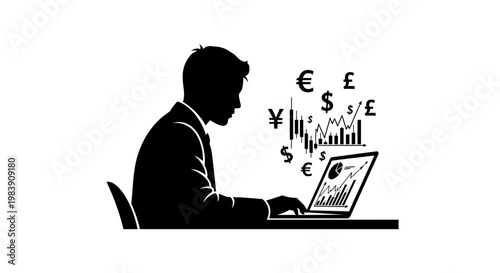 Business woman working on laptop computer in office workspace concept technology work communication and education illustration