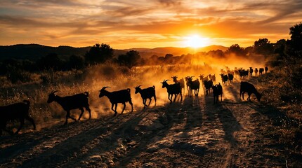 Evocative photos capturing a herd of goats walking on a dusty road at sunset, highlighting the golden hour and rural life