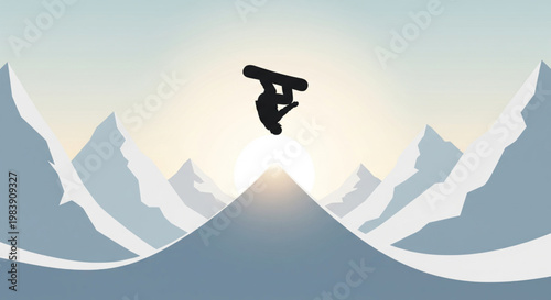 Minimalist illustration of a snowboarder performing a trick over a snowy mountain peak with a bright sun.