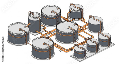 Cluster of Industrial Cylindrical Steel Storage Tanks.