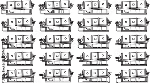 A meticulous monochrome illustration captures an industrial array of large, cylindrical machines, likely used in manufacturing or processing. A display of technological precision.