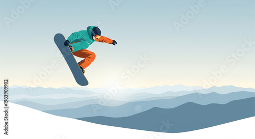 A snowboarder in mid-air performing a jump over snowy mountains with a clear sky, illustrating winter sports.