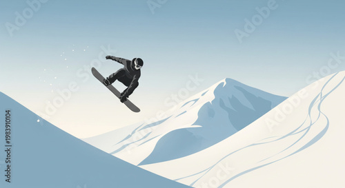 A snowboarder mid-air performing a trick over snowy mountain slopes under a bright sky.