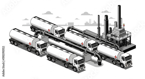Fleet of fuel tanker trucks at depot.