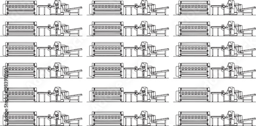 An industrial schematic design of a paper processing plant. A detailed blueprint, the image reveals the complex network of machinery involved in the manufacturing of paper.