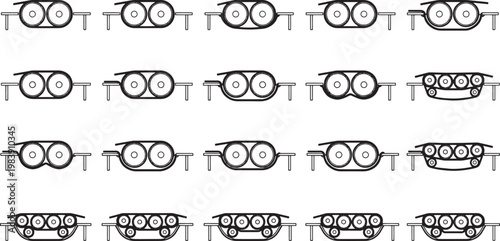 A series of interconnected conveyer belt, illustrating the repetition and efficiency of the industrial system in a minimalist black and white graphic. 