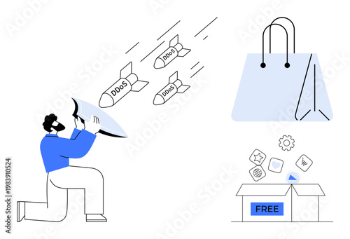 Cybersecurity, e-commerce, data protection, digital threats, online safety, tech solutions. A person defends against DDoS missiles with a shield, shopping bag and free software. Cybersecurity