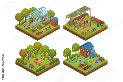 Vibrant Isometric Views of Organic Farming, Greenhouse Cultivation, Orchard Harvesting, and Community Gardening