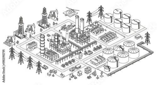 Industrial chemical plant with storage tanks and stacks.