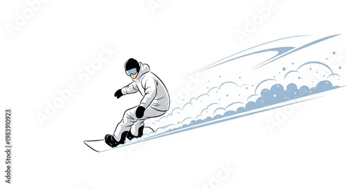 A person snowboarding down a snowy mountain slope, creating a dynamic trail of snow and ice.