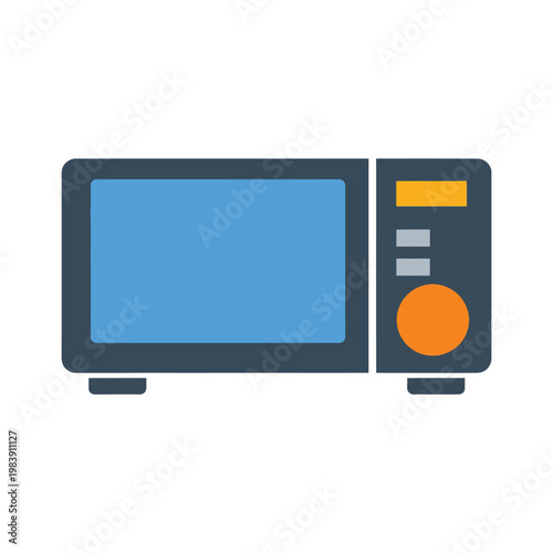 Flat vector illustration of a modern microwave oven with digital display and control knob