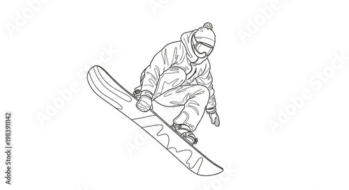 A detailed line art illustration of a snowboarder in mid-air, performing a jump or trick, wearing winter sports attire.