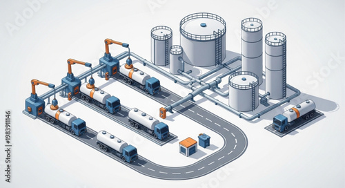 Industrial fuel storage tanks with tanker truck transport.