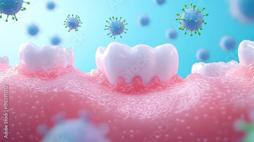 close-up of white teeth and textured pink gums surrounded by floating virus particles, conveying vulnerability and medical concern