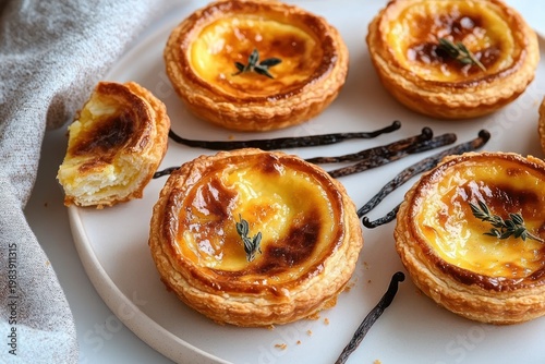four golden caramelized custard tarts with flaky pastry and thyme sprigs on a white plate with vanilla bean drizzles, one tart halved showing creamy filling — warm and inviting