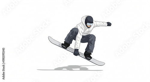 A snowboarder in mid-air performing a jump or trick on a white background.