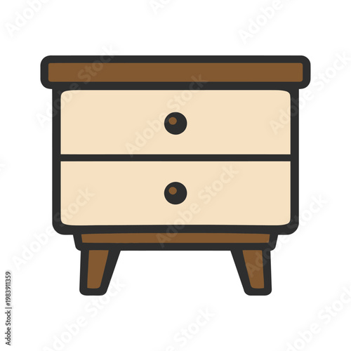 Cartoon illustration of a wooden bedside nightstand with two cream drawers and black knobs