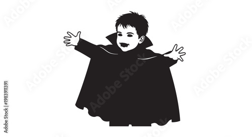 Little vampire boy in black cape with spooky expression in monochromatic illustration for Halloween